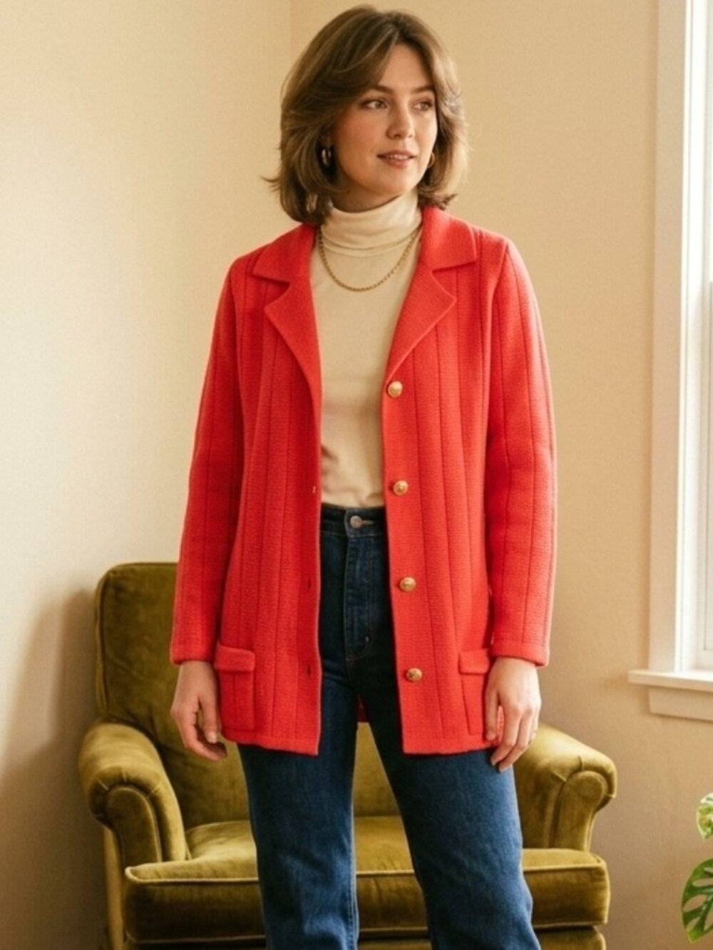 EUC VTG 70s Lilly of California Bright Red Gold Crest Buttons Cardigan Sweater M